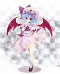  blue_hair bobby_socks checkered checkered_background choker gradient_hair hands hat highres lavender_hair mary_janes multicolored_hair red_eyes remilia_scarlet shoes short_hair smile socks solo standing_on_one_leg tahya touhou tsurime wings wrist_cuffs 