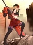  adjusting_hat alisa_ilinichina_amiella bare_shoulders black_gloves black_legwear blonde_hair blue_eyes boots breasts cabbie_hat city fingerless_gloves gloves god_eater god_eater_burst gun hand_on_hip hat high_heel_boots high_heels highres huge_weapon large_breasts looking_back midriff nueco pantyhose plaid plaid_skirt rubble shoes skirt solo suspenders sword thigh-highs thigh_boots thighhighs under_boob underboob weapon wind zettai_ryouiki 
