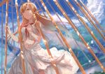  asuna_(sao) brown_eyes brown_hair cage daro_(645046276) dress elf long_hair navel pointy_ears sword_art_online titania_(sao) yuuki_asuna 