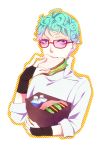  blue_eyes bridal_gauntlets eating fingerless_gloves ghiaccio glasses gloves green_eyes jojo_no_kimyou_na_bouken kv524 sandwich solo 