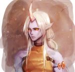  androgynous armlet blue_skin genderswap horn league_of_legends long_hair pointy_ears ponytail solo soraka white_hair yellow_eyes 