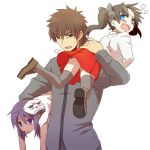  2girls blue_eyes brown_eyes brown_hair carrying carrying_over_shoulder carrying_under_arm child_assassin_(fate/zero) fate/zero fate_(series) kotomine_kirei long_hair mask multiple_girls purple_eyes purple_hair ruchi short_hair tohsaka_rin toosaka_rin twintails violet_eyes young 