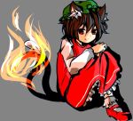 animal_ears brown_eyes brown_hair cat_ears cat_tail chen dress fang flame hat mary_janes multiple_tails randoruto-kan shoes short_hair sitting socks solo tail touhou 