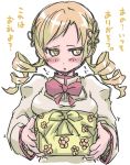  blonde_hair blush drill_hair embarrassed es_(eisis) long_hair looking_away mahou_shoujo_madoka_magica obentou open_mouth outstretched_arms school_uniform solo tomoe_mami translated translation_request twin_drills twintails yellow_eyes 