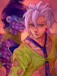  earrings jewelry jojo_no_kimyou_na_bouken midriff multiple_boys necktie pannacotta_fugo purple_eyes purple_hair purple_haze_(stand) stand_(jojo) tegaki violet_eyes white_hair yuzure_mon 