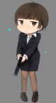  bangs blazer blunt_bangs brown_eyes brown_hair chibi formal grey_background gun miniskirt pantyhose psycho-pass serious shoes short_hair simple_background skirt skirt_suit solo standing suit tsunemori_akane tsuzuya_(knt31) weapon 