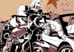  anbe curly_hair ghiaccio jojo_no_kimyou_na_bouken long_hair mask melone motor_vehicle motorcycle multiple_boys muted_color vehicle 