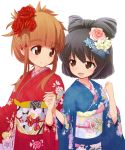  :d alternate_hairstyle flower girls_und_panzer hair_ornament hair_up hand_holding holding_hands japanese_clothes kimono multiple_girls new_year open_mouth reizei_mako smile takebe_saori tamagona 
