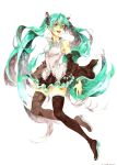  boots detached_sleeves green_eyes green_hair hatsune_miku long_hair necktie nyangsam open_mouth simple_background skirt solo thigh-highs thigh_boots thighhighs twintails very_long_hair vocaloid white_background 