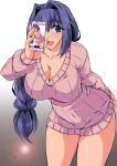  blue_eyes blush braid breasts cellphone cleavage hair_intakes kanon large_breasts long_hair looking_at_viewer minase_akiko phone purple_hair recursion ribbed_sweater single_braid smile solo sweater thighs 