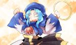  blue_hair breasts citolo closed_eyes eyes_closed fang hood jewelry kumoi_ichirin open_mouth ring sash short_hair smile solo touhou 