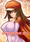  2013 bakemonogatari breast_hold breast_hold1girl breasts hat jacket large_breasts monogatari_(series) new_year osafune_(pumpkinfreaks) sengoku_nadeko solo 