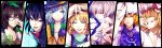  absurdres adjusting_glasses animal_ears arm_garter black_hair blonde_hair blue_eyes blue_hair bow bowtie brown_hair bust clenched_hand clenched_teeth close-up column_lineup cut-in dress eyelashes face flandre_scarlet fox_mask frills fujiwara_no_mokou futatsuiwa_mamizou glasses grin hair_ornament hand_on_own_face hands hat hat_bow highres houjuu_nue komeiji_koishi leaf leaf_on_head long_hair long_sleeves looking_at_viewer looking_down mask moriya_suwako multiple_girls open_mouth outstretched_hand pink_eyes pose purple_hair raccoon_ears raised_hand red_eyes short_hair side_ponytail silver_hair smile suspenders tabard tendril third_eye tongue touhou uu_uu_zan water_droplets yakumo_ran yellow_eyes 