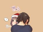  blush brown_eyes brown_hair christmas hat hug kyon nagato_yuki pine purple_hair santa_costume santa_hat short_hair suzumiya_haruhi_no_yuuutsu 