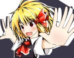  1girl blonde_hair bow bust fang hair_bow hair_ribbon kuroi-neko open_mouth outstretched_arms red_eyes ribbon rumia short_hair smile solo touhou 