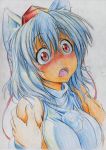 animal_ears bare_shoulders blush breasts bust colored_pencil_(medium) detached_sleeves hat highres inubashiri_momiji kitazinger open_mouth red_eyes short_hair solo tears tokin_hat touhou traditional_media white_hair wolf_ears 