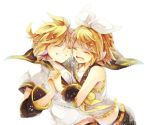  1girl bare_shoulders blonde_hair bow closed_eyes hair_bow hana_(mew) hands_clasped headset interlocked_fingers kagamine_len kagamine_rin midriff nail_polish navel open_mouth short_hair siblings simple_background tears twins vocaloid white_background 