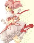  :o brown_eyes bubble_skirt gloves highres kaname_madoka kneehighs looking_back magical_girl mahou_shoujo_madoka_magica mary_janes pink_hair puffy_sleeves shishitou/komo shoes short_hair short_twintails solo standing_on_one_leg twintails white_legwear 