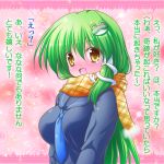  :d alternate_costume blush coat confession frog_hair_ornament full-face_blush green_hair hair_ornament happy kochiya_sanae long_hair necktie open_mouth osashin_(osada) pov scarf smile snake solo touhou translated yellow_eyes 