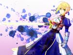  ahoge armor armored_dress blonde_hair command_spell dress excalibur fate/zero fate_(series) gauntlets green_eyes hair_ribbon hoshiume ribbon saber solo sword weapon 