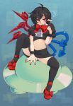  ahoge asymmetrical_wings black_hair black_legwear highres houjuu_nue iroyopon midriff navel no_panties pointy_ears red_eyes shirt_lift short_hair skirt solo squiggle thigh-highs thighhighs touhou wings wristband 