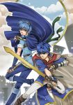  blue_eyes blue_hair boots cape fingerless_gloves fire_emblem fire_emblem:_mystery_of_the_emblem fire_emblem:_souen_no_kiseki gloves headband highres ike marth multiple_boys ragnel sayakajou sword tiara vambraces weapon 