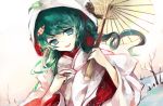  green_hair hatsune_miku highres japanese_clothes kimono leaf oriental_umbrella sevten_(ashkeroth) snow uchikake umbrella vocaloid yuki_miku 