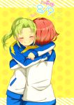  blush closed_eyes eyes_closed green_hair highres hug inazuma_eleven inazuma_eleven_(series) kiyama_hiroto long_hair male midorikawa_ryuuji multiple_boys ponytail red_hair redhead short_hair smile soccer_uniform trap 