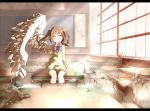  1girl classroom desk female highres original plant school_uniform shunsuke smile solo twintails water wings 