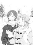  character_request gundam gundam_00 highres lyle_dylandy monochrome nori_senbei open_mouth scarf smile snowing tree 
