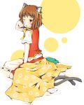  1girl animal_ears blanket brown_hair cat_ears cat_tail chen earrings hat highres jewelry kneeling kuroi-neko multiple_tails pillow red_eyes short_hair skirt solo tail touhou wince 