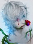  1boy bleeding blood bunnywebb close-up cuts flower green_eyes grey_background hair_over_one_eye injury looking_away mouth_hold original pale_skin rose silver_hair solo thorns 