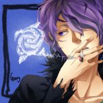  blue_eyes character_name cigarette flower garry_(ib) ib purple_eyes purple_hair rose ruchi smoking solo violet_eyes 