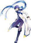  bangs belt blue_eyes blue_hair boots coat headset kaito kaito_(vocaloid3) microphone nail_polish official_art open_mouth pants scarf see-through solo transparent_background vocaloid zipper 