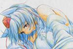  animal_ears bare_shoulders blush breasts bust colored_pencil_(medium) detached_sleeves hat inubashiri_momiji kitazinger red_eyes short_hair solo sweat tokin_hat tongue tongue_out touhou traditional_media white_hair wolf_ears 