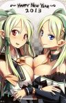  2girls bail bare_shoulders blonde_hair blue_eyes blush bow breast_press breasts choker cleavage earrings fang green_hair hair_bow hair_ornament hair_ribbon hair_tubes hairband jewelry large_breasts long_hair looking_at_viewer multiple_girls new_year open_mouth original pointy_ears red_eyes ribbon smile symmetrical_docking 