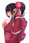  black_hair blush brown_eyes earrings flower hair_flower hair_ornament hair_stick japanese_clothes jewelry kedama_keito kimono long_tongue open_mouth original pierced_tongue pointy_ears short_hair short_ponytail smile snake solo tongue white_snake 