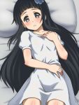  awa black_hair blush dress flower grey_eyes hair_flower hair_ornament long_hair lying on_back pillow solo sword_art_online yui_(sao) 