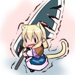  animal_ears blonde_hair capcom cat_ears cat_tail chibi crossover hoshizuki_(seigetsu) huge_weapon mizuhashi_parsee monster_hunter open_mouth pointy_ears puru-see short_hair solo sword tail touhou trembling weapon |_| 
