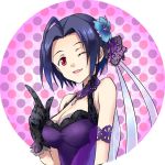  ;d agahari ahoge bare_shoulders blue_hair blush breasts cleavage collar dress gloves idolmaster index_finger_raised miura_azusa open_mouth raised_finger red_eyes short_hair smile solo wink 