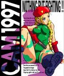  90s ahoge arm_support artist_request bare_shoulders beret blonde_hair blue_eyes braid breasts cammy_white camouflage combat_boots fingerless_gloves gloves gun hat leotard looking_away pistol scar sitting socks solo street_fighter thong_leotard toned trigger_discipline twin_braids wall_of_text weapon 
