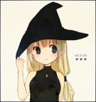  1girl :3 ayu_(mog) bare_shoulders black_eyes blonde_hair hand_on_hat hat original sleeveless solo witch_hat 
