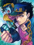  black_hair blue_eyes chain chains clenched_hand gakuran hat jojo_no_kimyou_na_bouken kuujou_joutarou long_hair multiple_boys school_uniform stand_(jojo) tegaki yuzure_mon 