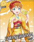  2013 aqua_eyes brown_hair cathy_graham character_name earrings floral_print flower furisode hair_flower hair_ornament hairband holding idolmaster idolmaster_cinderella_girls japanese_clothes jewelry jpeg_artifacts kimono looking_at_viewer nengajou new_year obi official_art orange_background pig short_hair smile snake solo sun_(symbol) 