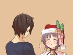  1girl bell bell_collar brown_hair christmas closed_eyes collar eyes_closed hat kyon mistletoe nagato_yuki pine purple_hair santa_costume santa_hat short_hair suzumiya_haruhi_no_yuuutsu swallowing 