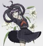 black_hair bondage braid dangan_ronpa flower fukawa_touko glasses long_hair pall purple_eyes purple_hair red_eyes school_uniform serafuku skirt solo twin_braids violet_eyes