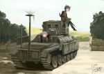  2girls :o animal_ears armored_vehicle artist_name assault_rifle black_hair caterpillar_tracks dated fnc_(upotte!!) galil_ar_(upotte!!) gun highres kanokoga military military_uniform military_vehicle multiple_girls orange_eyes purple_hair rifle short_hair smile tail uniform upotte!! vehicle violet_eyes weapon 