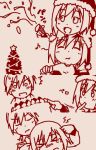  2girls cake christmas christmas_tree closed_eyes eating erica_hartmann eyes_closed food gertrud_barkhorn hat monochrome multiple_girls open_mouth santa_hat short_hair sketch smile strike_witches tears twintails youkan 