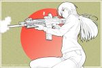  acr assault_rifle bushmaster_acr doku_hebi expressionless firing gun hoodie long_hair monochrome original ponytail red_sun rifle shorts solo squatting weapon 