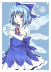  1girl blue_eyes blue_hair blush bow cirno dress frog hair_bow highres ice ice_wings kuroi-neko open_mouth ribbon short_hair short_sleeves snowflakes solo touhou wings 